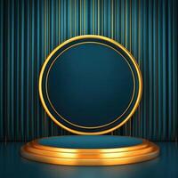 Gold podium with blue background and a round frame photo