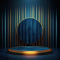 3d rendering of a podium with a blue background and gold stripes photo