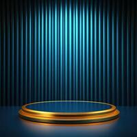 Gold podium with blue curtain background photo