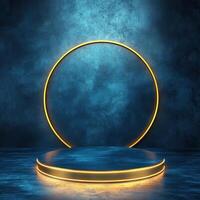 3d rendering of a neon circle on a stage with a blue background photo