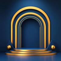 Golden stage with a golden arch and a podium photo