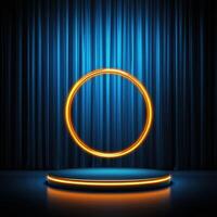 An empty stage with a spotlight and a neon ring photo