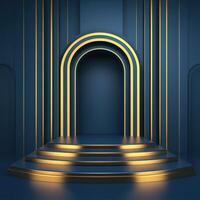 3d rendering of a stage with a golden arch photo