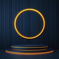 Neon circle on stage with blue background photo