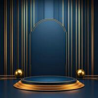 An empty stage with gold and blue walls photo