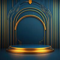 Golden stage with a podium and a golden arch photo
