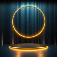 3d rendering of neon circle on stage with a black background photo