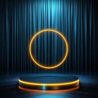 An empty stage with a spotlight and a neon circle photo