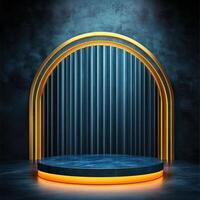 An empty stage with a spotlight and neon lights photo