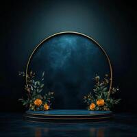 An empty stage with flowers and a gold circle photo