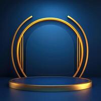 Golden podium with a spotlight on a blue background photo