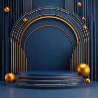 An empty stage with gold balls and a blue background photo