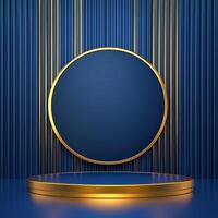 Round podium with gold frame on blue background photo
