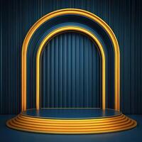 An empty stage with a blue background and a golden arch photo