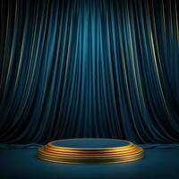 Stage with golden podium and blue curtain photo