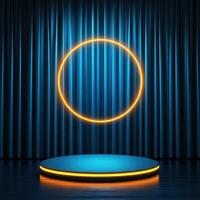 An empty stage with a blue curtain and a neon ring photo