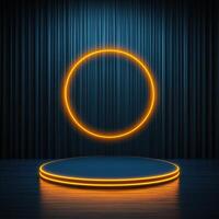 Neon circle on stage with blue curtain photo