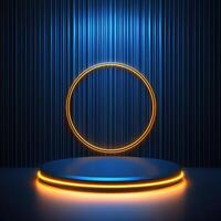 3d rendering of a neon ring on a podium photo