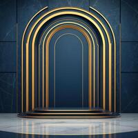 Gold and blue marble stage with a golden archway photo
