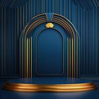 An empty stage with a golden door and a golden crown photo