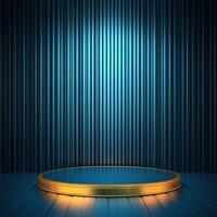An empty podium with blue lights on the wall photo