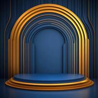 An empty stage with a blue background and gold accents photo