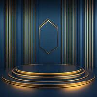 3d rendering of a stage with a golden frame photo