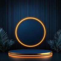 Round neon light on a black background with palm leaves photo
