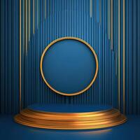 Gold podium with blue background and golden stripes photo