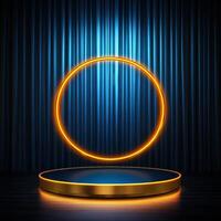 Golden podium with a neon ring on a dark background photo