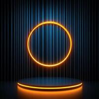 Neon circle on a podium with a spotlight photo