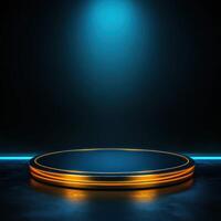 An empty podium with neon lights on it photo