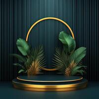 Golden podium with tropical plants and a circular frame photo