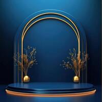 A stage with a golden arch and a vase of flowers photo