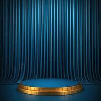 Stage with blue curtain and gold podium photo