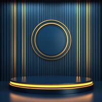 3d rendering of a stage with a round podium and neon lights photo