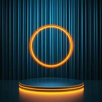 Neon ring on stage with blue curtain photo