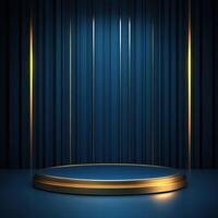 A podium with a blue background and gold lights photo