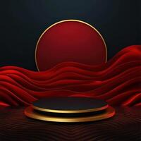 Red and gold background with a podium and a red curtain photo