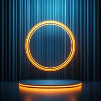 3d rendering of neon circle on stage with blue curtain photo