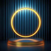 A neon ring on a podium with a spotlight photo