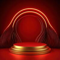 Red podium with neon lights and a red background photo