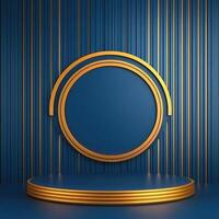 3d render of a podium with a round frame on a blue background photo