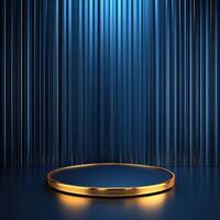 Gold podium with blue background and light photo