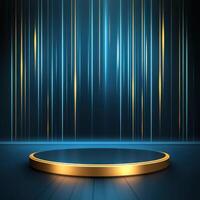 Gold podium with blue lights on a dark background photo