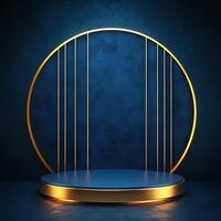 Gold podium with blue background and a blue circle photo