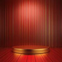 Red podium with gold background in a room with red walls photo
