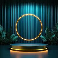 3d rendering of a neon ring on a stage with plants photo