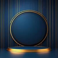 Golden podium with blue background and a round frame photo