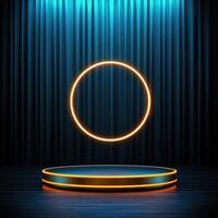 Neon lights on stage with a round podium photo